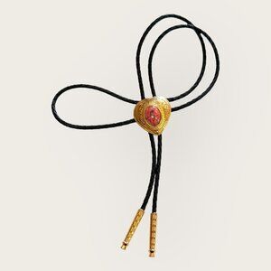 Gold Tone Heart Bolo Tie Faux Marble Stone Black Braided Cord